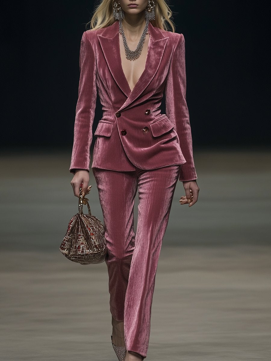 [24-hour shipping out]Vintage Elegant Rose Pink Velvet Suit