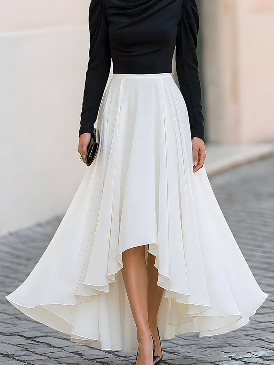 Draped Neck Puff Sleeve High-Low Maxi Dress