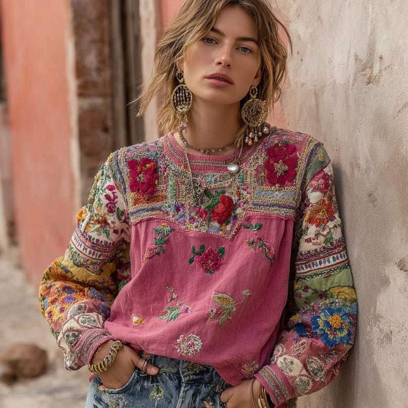 Vintage Bohemian Floral Embroidery Patchwork Crew Neck Long Sleeve Sweatshirt