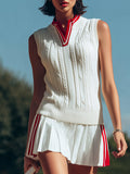[24-hour shipping out]Retro Sports Style Stand-up Collar Pleated Sleeveless Knitted Top Pleated Skirt Suit