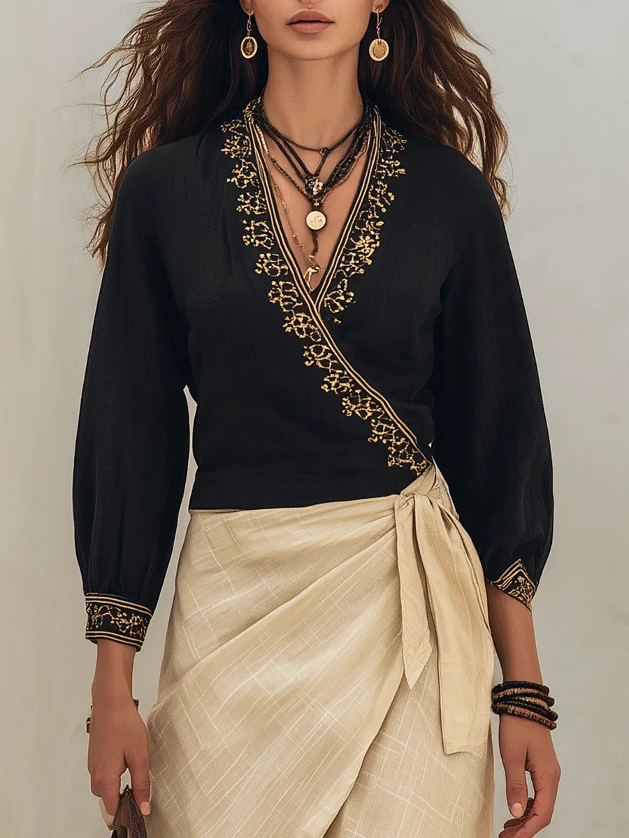 Bohemian Chic Embroidered Black Top & Linen Wrap Beige Maxi Skirt Set