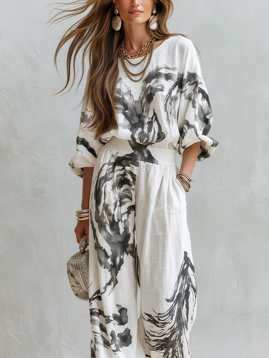 Bohemian Style Abstract Print Top And Wide Leg Pants Set