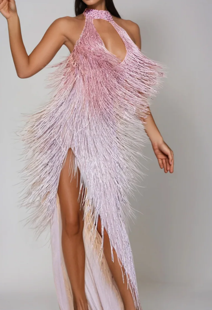 Pink Ombre Halter Neck Fringe Formal Maxi Dress