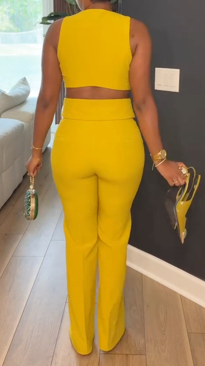 V-Neck Cutout Sleeveless Vest + High-Waisted Flared Trousers Set