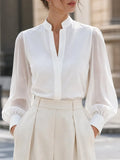 Stand Collar Split V Neck Sheer Lantern Long Sleeve  Blouse