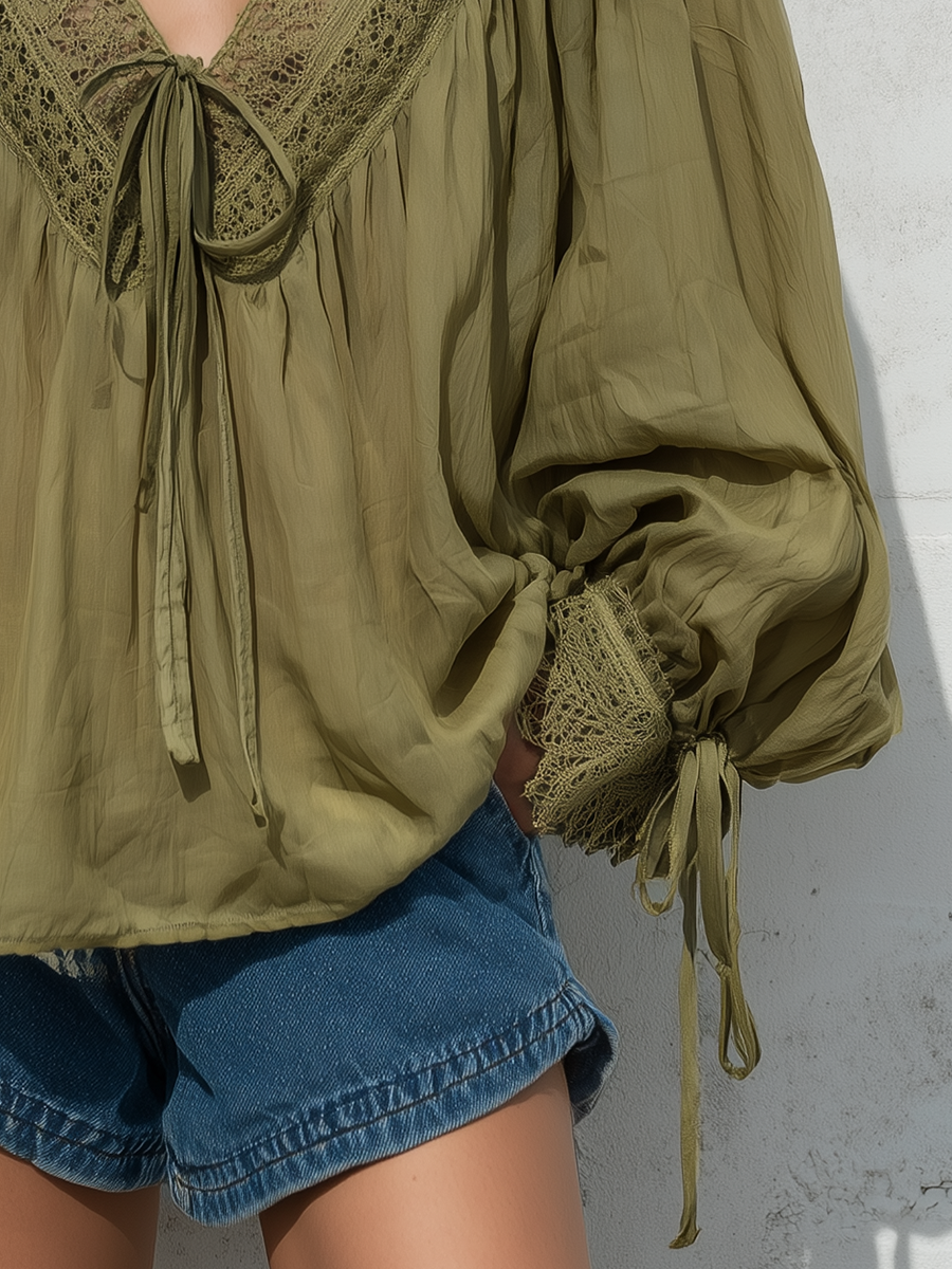 Bohemian Lace Trim Tie Front Blouse