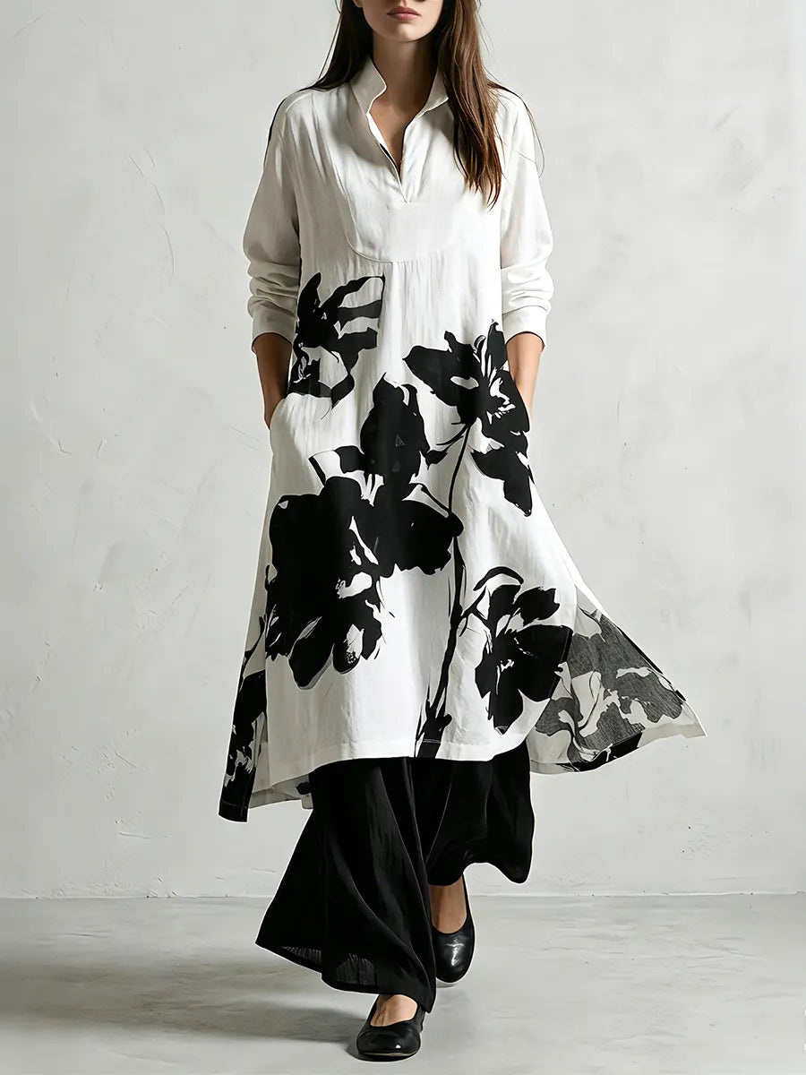 Dark Floral Belted Coat And Trousers