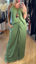 Sleeveless Tank Top & Twist Front Wide Leg Pants Two Piece Set