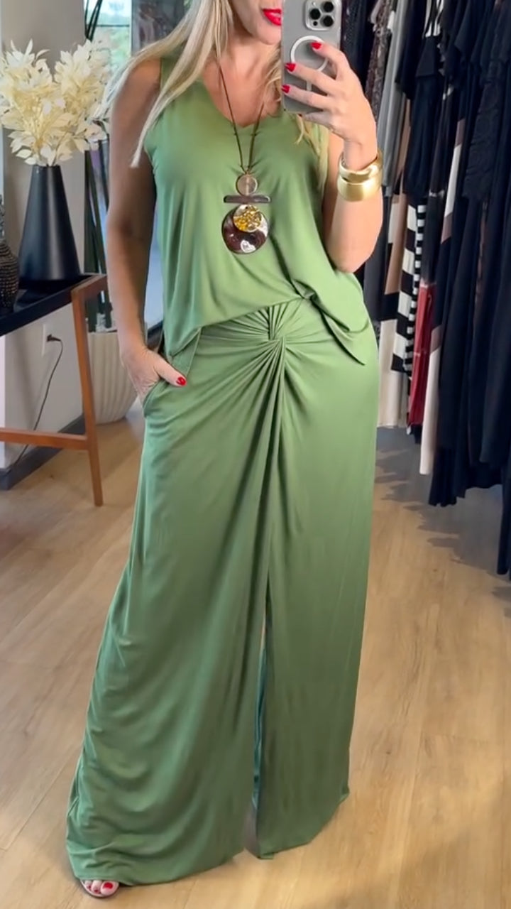 Sleeveless Tank Top & Twist Front Wide Leg Pants Two Piece Set