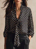 Effortless Glam Satin Polka-Dot Bow-Front Long-Sleeve Black Blouse