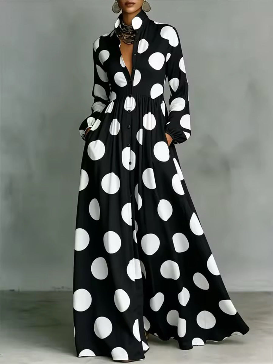 Women's Polka Dot Print Shirt-collar Long-sleeve Casual Loose A-line Dress
