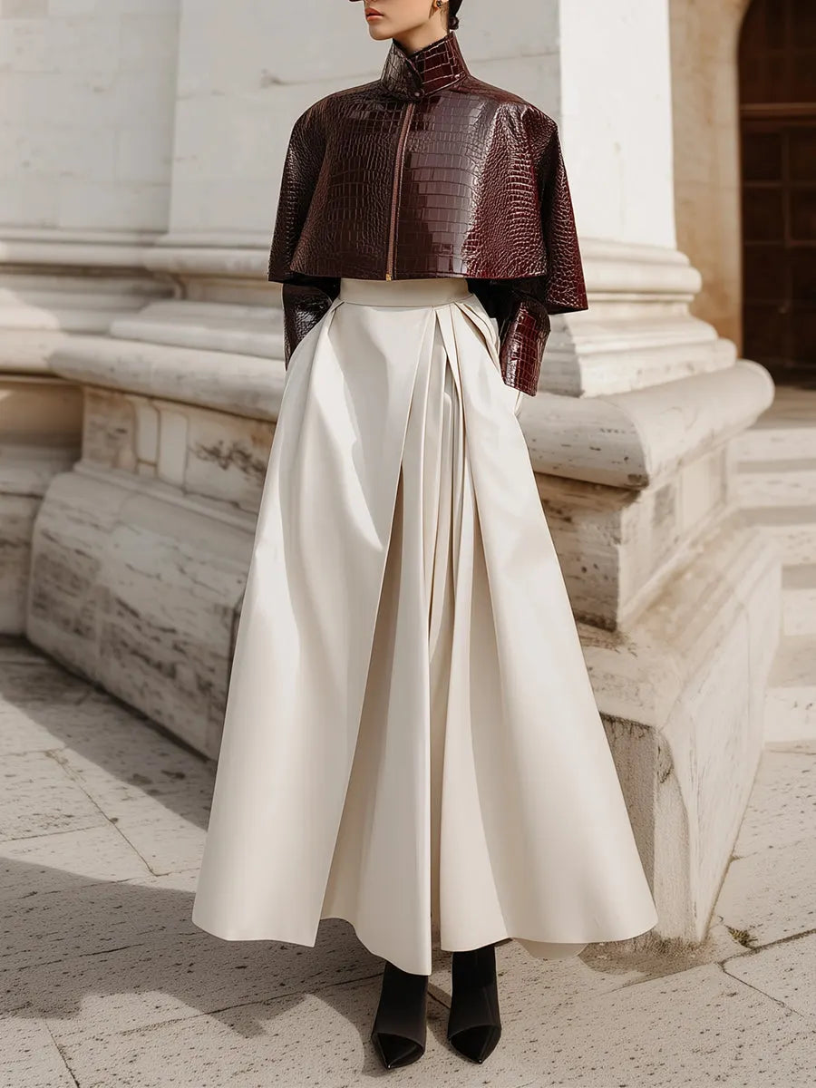 Deconstructed Waist Pleated Side Pockets Midi Skirt With Zip Fastening