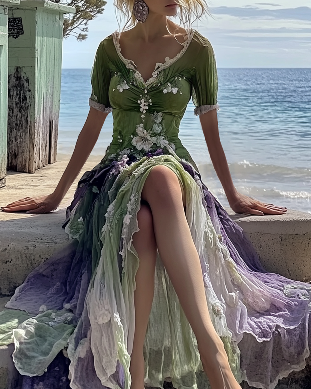 Summer Vacation Floral Embroidery Ombre Ruffle Dress  a46f