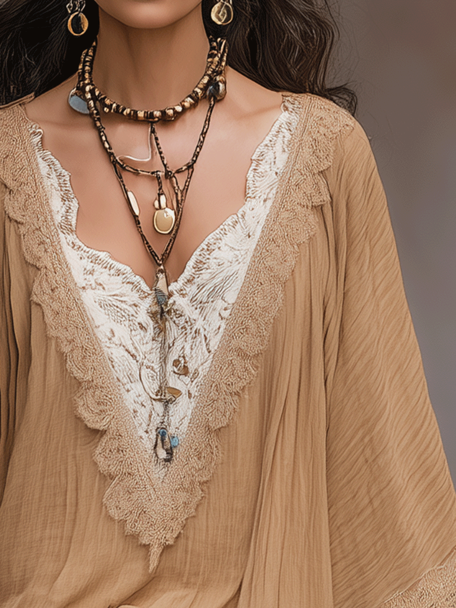 Boho Lace Trim V-Neck Batwing Sleeve Relaxed Fit Blouse