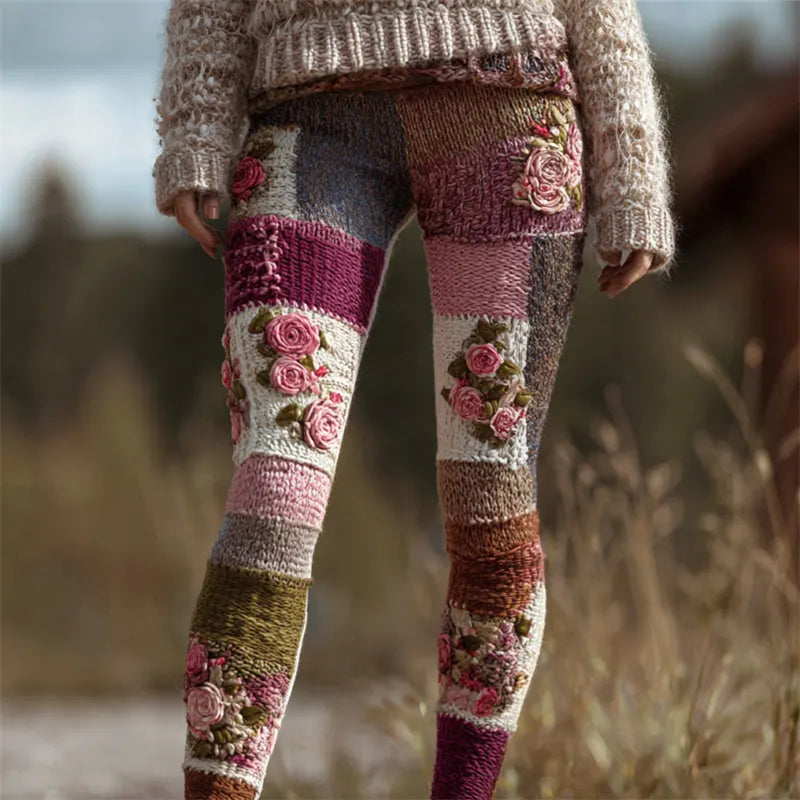 Vintage Pink Roses Colorblock Patchwork Cozy Knit Leggings