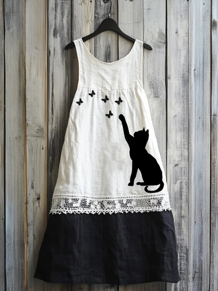 Vintage Abstract Creative Cute Black Cat  Play With Butterfly Art Linen Tank Dress