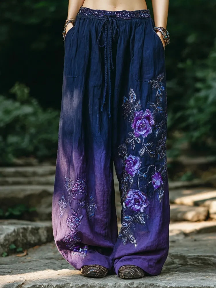 Vintage Purple Roses Embroidered Gradient Linen Trousers