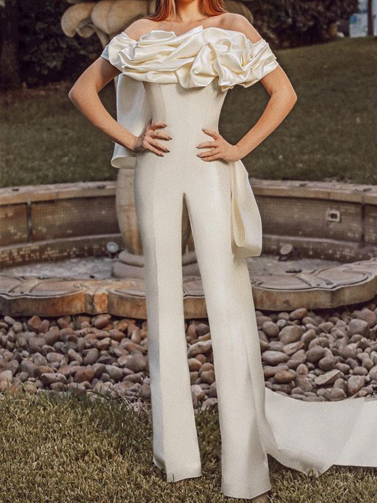 Bandeau Applique Falbala Empire Wide Leg Wedding Jumpsuits