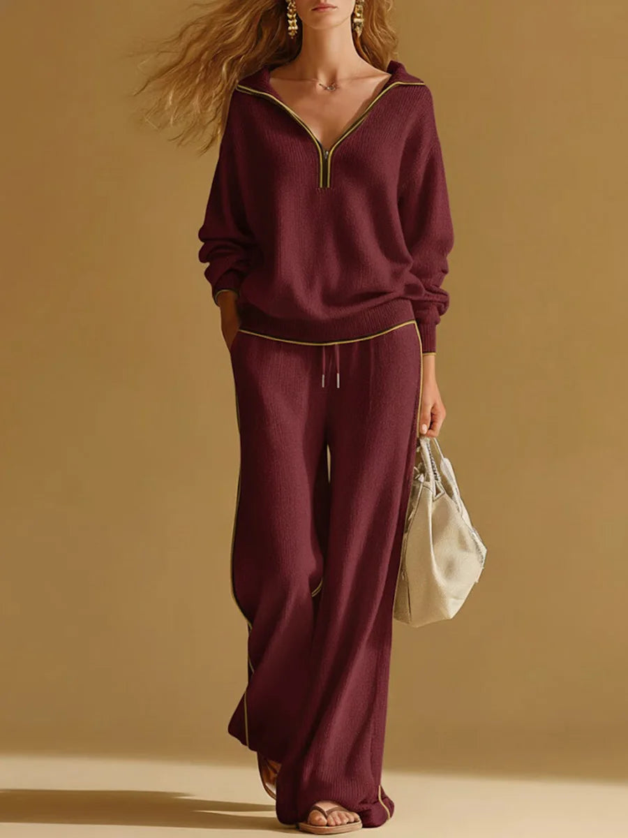 Women's Cardigan Collar Long-sleeved Casual Loose Top And High-waisted Casual Loose Wide-leg Pants Knitted Set
