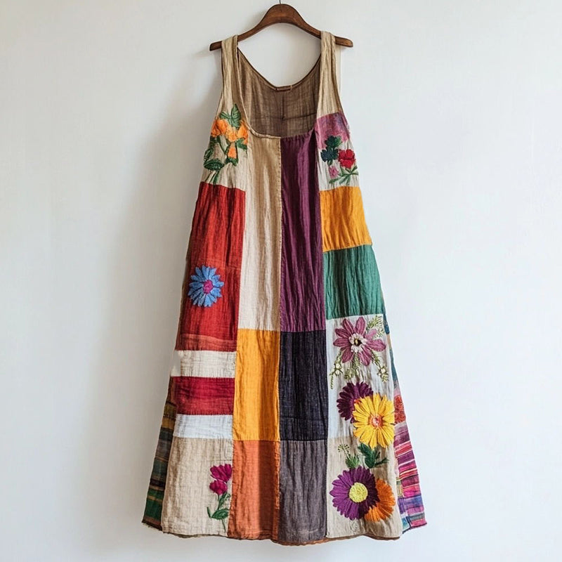 Colorful Floral Embroidered Patchwork Linen Blend Dress caad