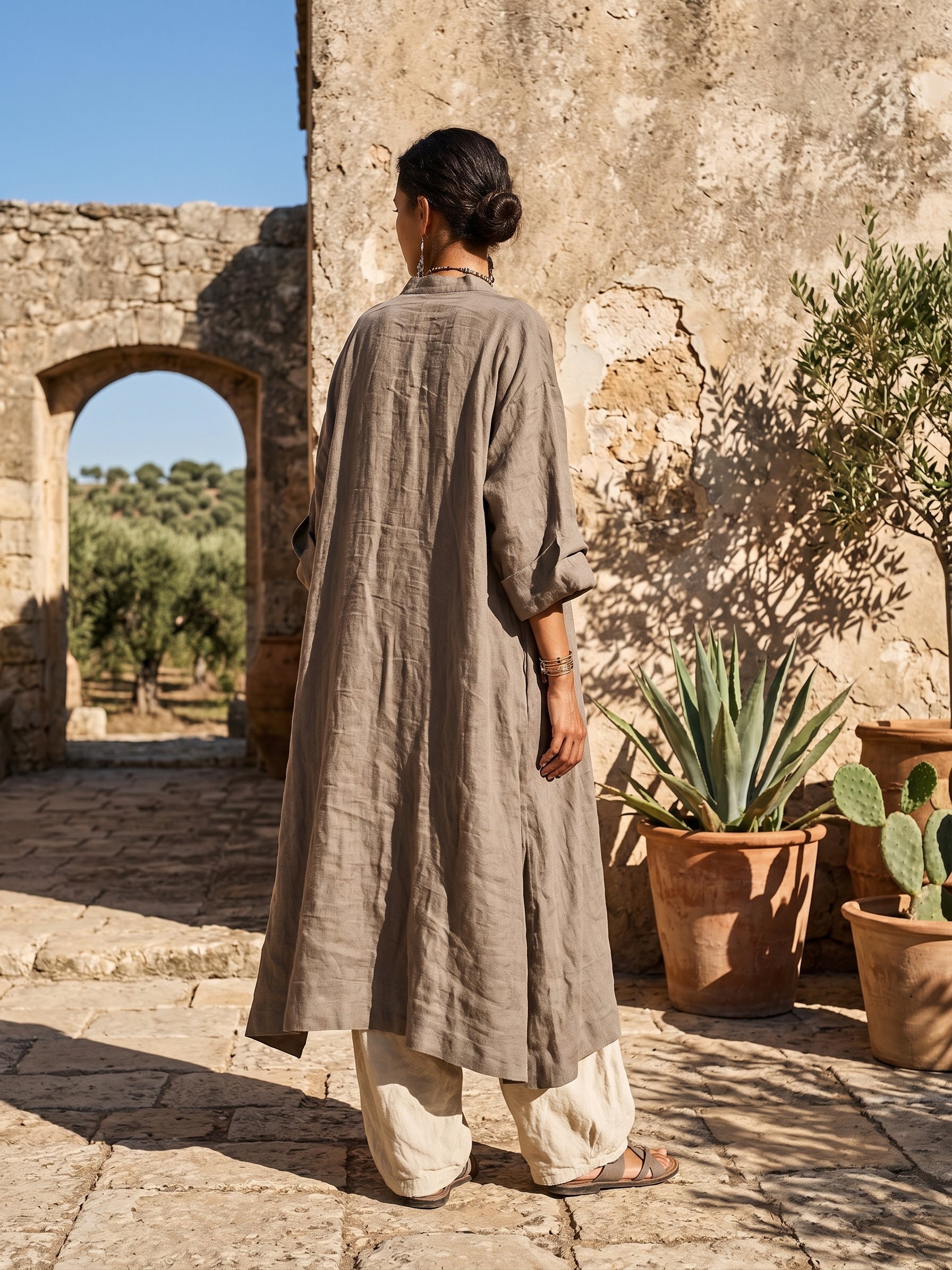 Casual Bohemian Linen And Cotton Long Cardigan And Sleeveless Top And Pants Three-piece Set