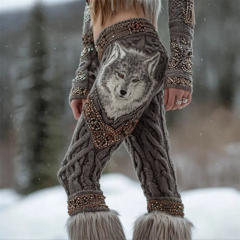 Viking Fuzzy Wolf Studded Celtic Cozy Cable Knit Leggings