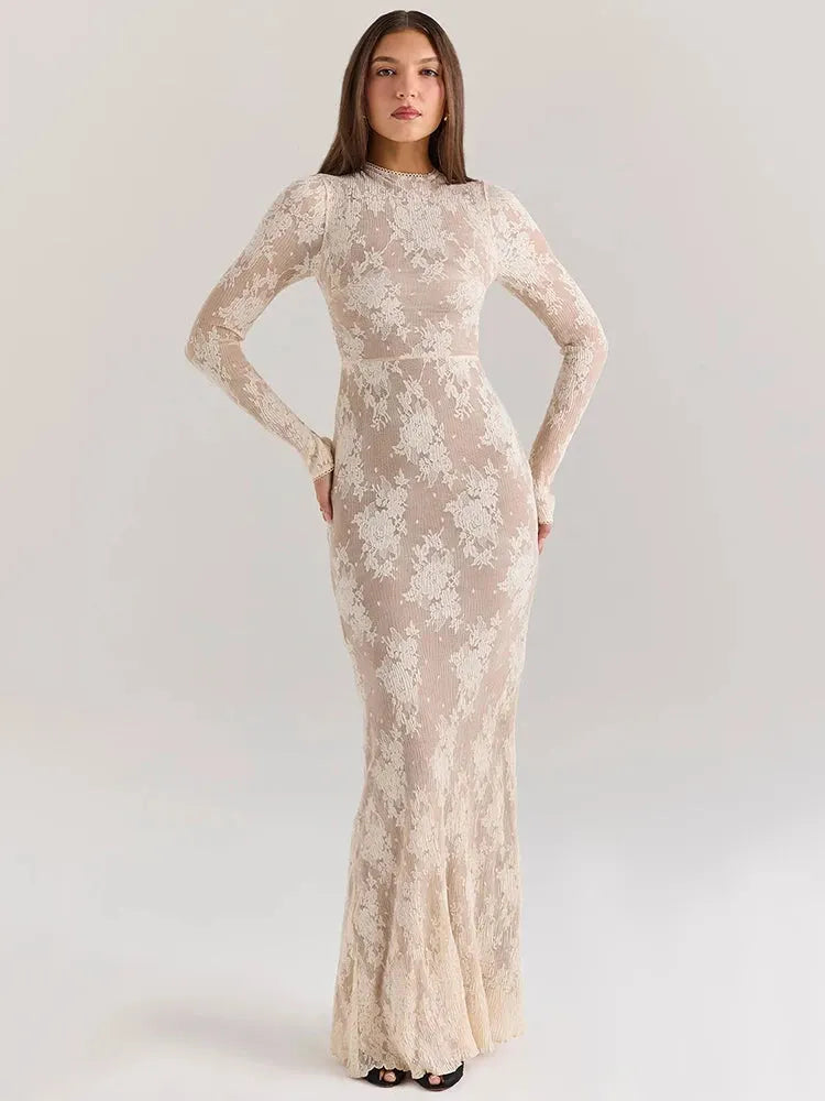 Aurelia Lace Mesh Long-Sleeve Maxi Dress – Sophisticated Evening & Occasionwear Dress