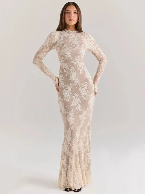 Aurelia Lace Mesh Long-Sleeve Maxi Dress – Sophisticated Evening & Occasionwear Dress