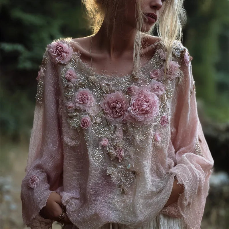 Boho Pink Flowers Fiber Art Glitter Beaded Flowy Linen Tunic