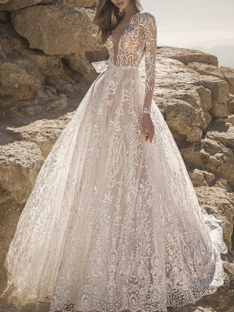 Sexy Deep V-Neck Lace See-Through Backless Empire A-Line Wedding Maxi Dress