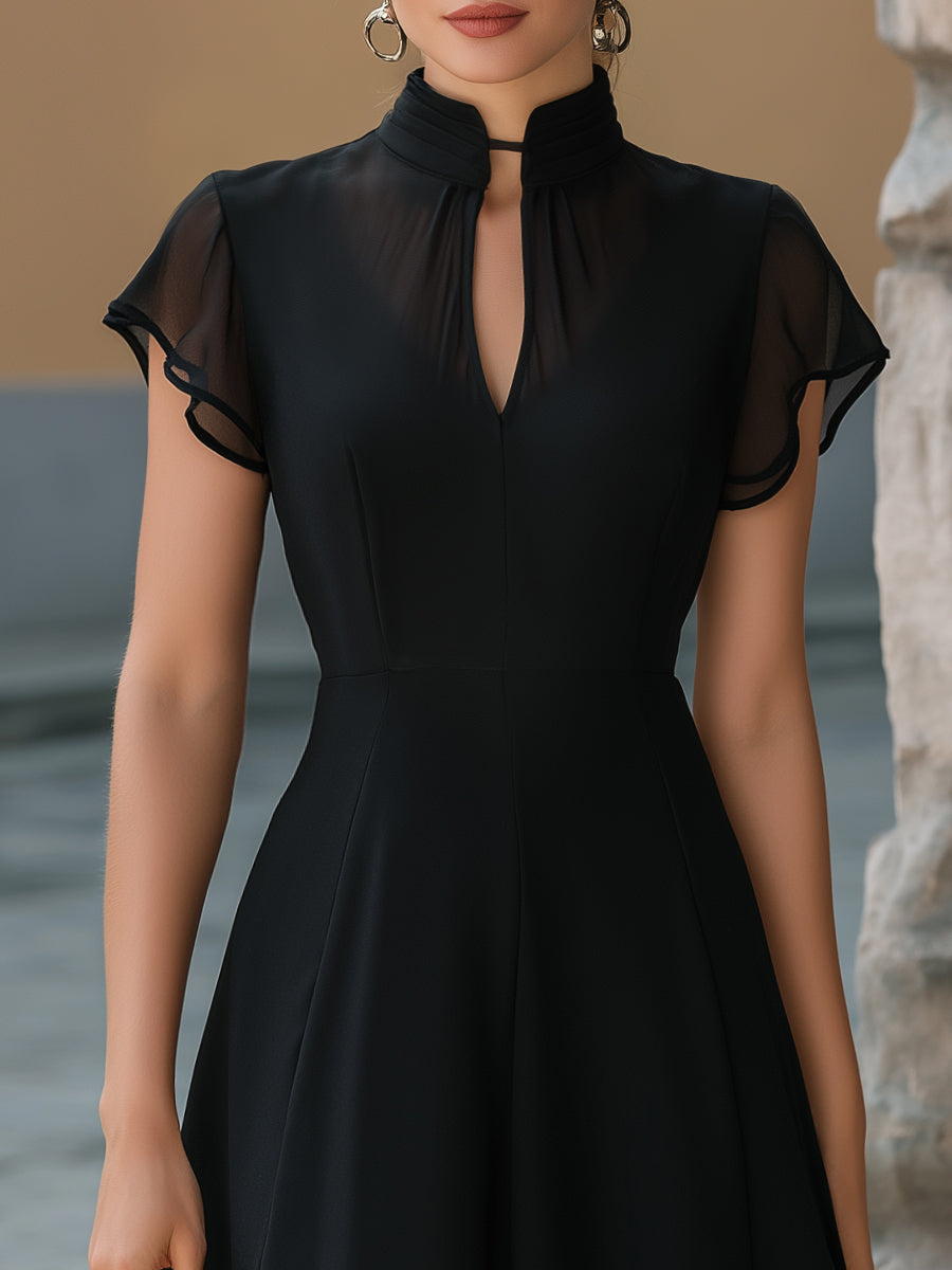 Chiffon Mandarin-Collar Flutter Sleeve A-Line Dress