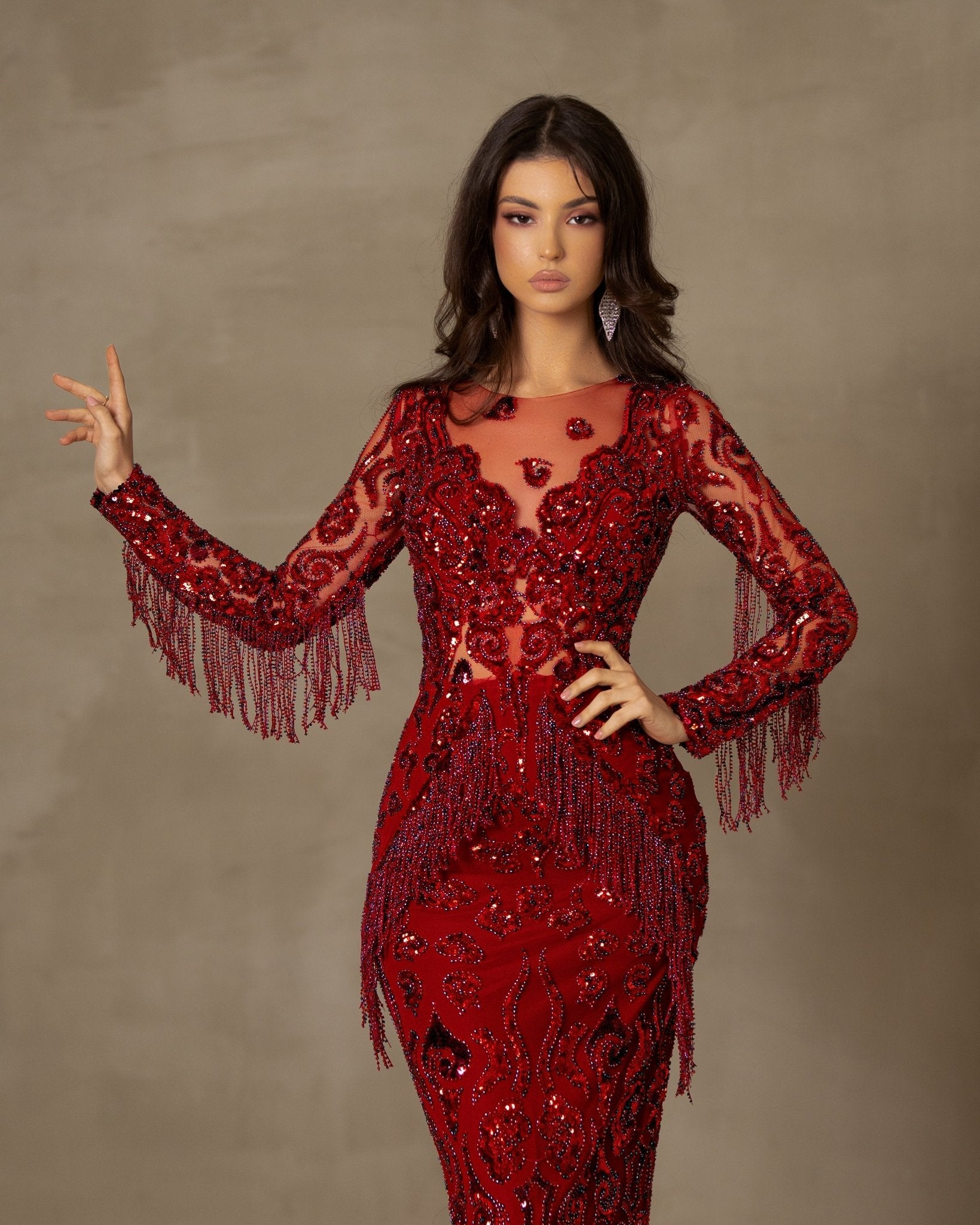 Storna Red Dress Embellished with Tassels