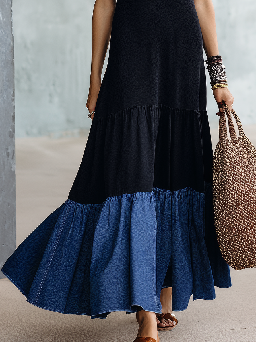 Elegant Black Contrast Tiered Maxi Dress