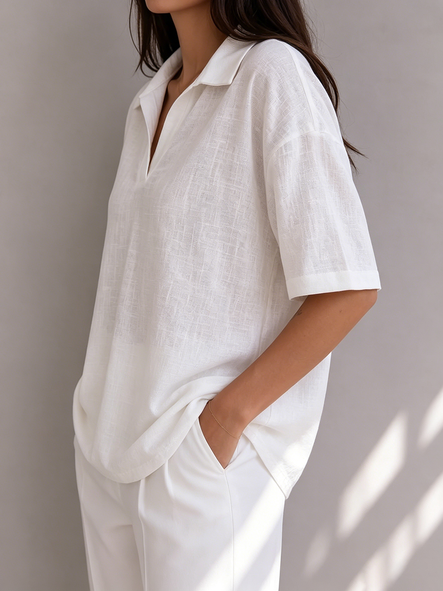 Casual & Cozy Cotton-linen Polo Blouse