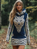 Viking Wolf Totem Women's Knit Hooded Mini Dress