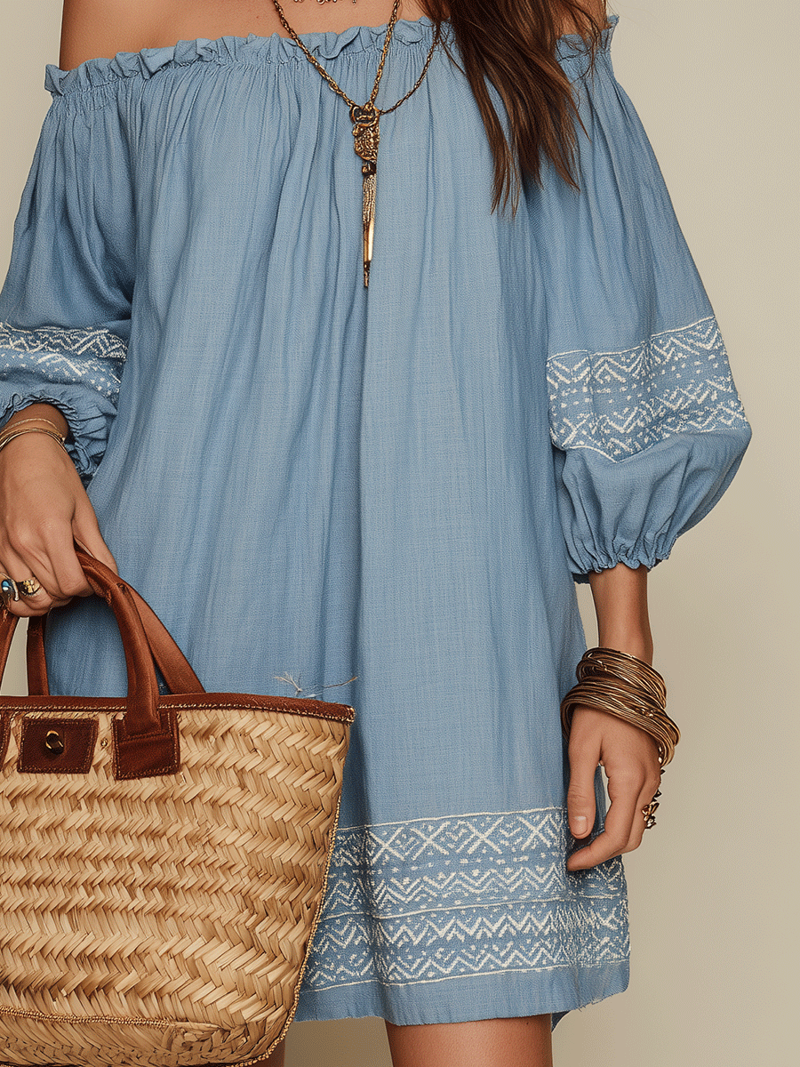 Bohemian Resort Sky Blue Off-Shoulder Embroidered Mini Dress
