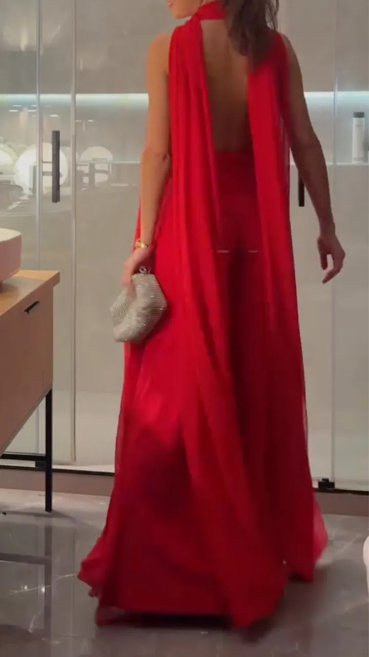Halter-Neck Chiffon Jumpsuit + Matching Flowy Long Shawl Set