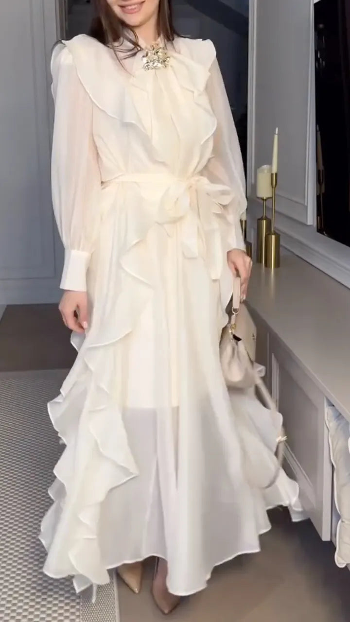 White Sheer Ruffled Tie‑Waist Maxi Dress
