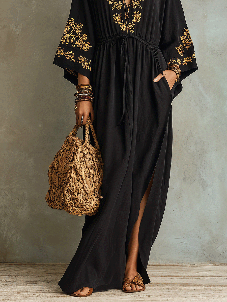 Bohemian Embroidered Waist-Tie Black Maxi Dress