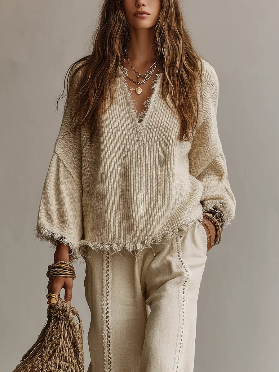 Coastal Boho Fringe Knit Top & Wide Leg Pants Set