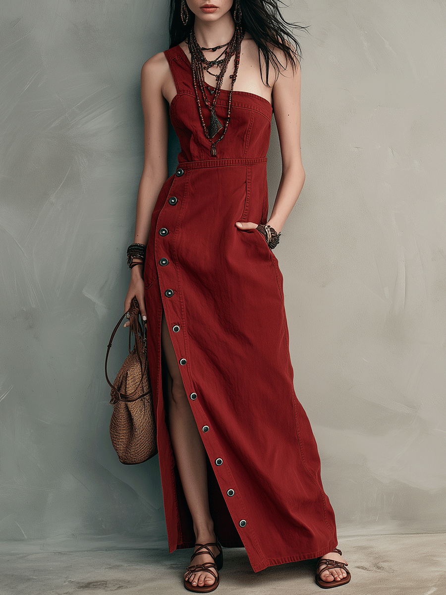 Effortless Button Detail Resort Crimson Red High-Slit Maxi Dress