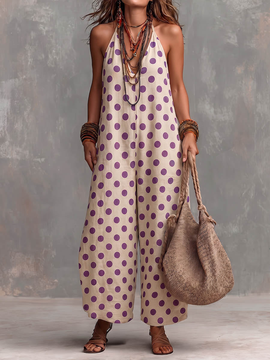Women's Polka Dot Print V-neck Sleeveless Casual Loose-fit Cotton-linen Wide-leg Jumpsuit