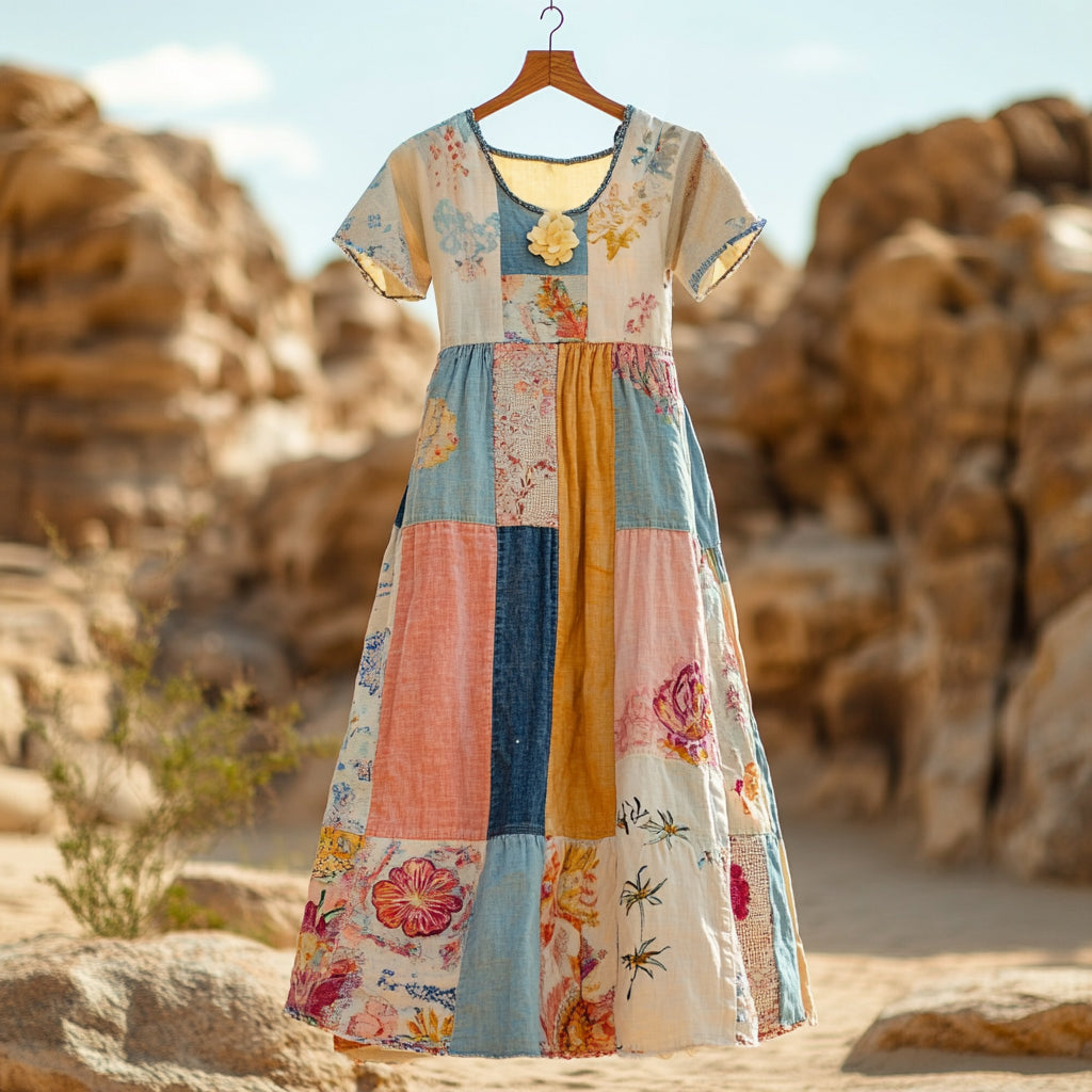 Women's Bohemian Floral Patchwork Cotton And Linen Short Sleeve Dress 9338