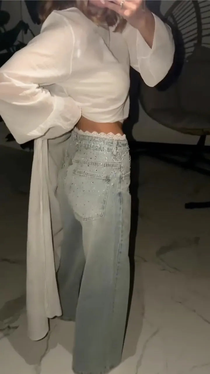 Women's Asymmetrical Chiffon Blouse + Rhinestone-Embellished Flared Jeans Set