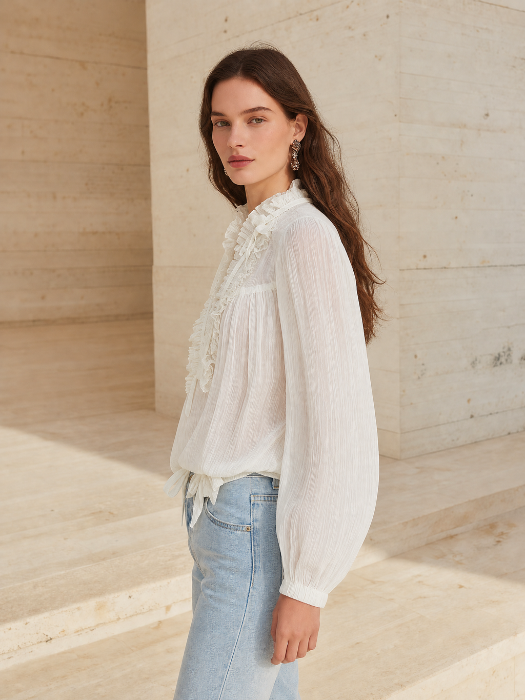 Women's V-Neck Ruffled Trim Lantern Sleeve Blouse with Tie Front