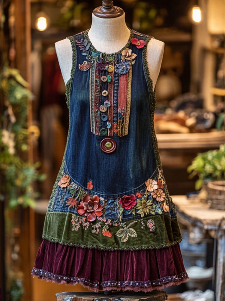 Vintage Floral Patchwork Art Sleeveless Dress