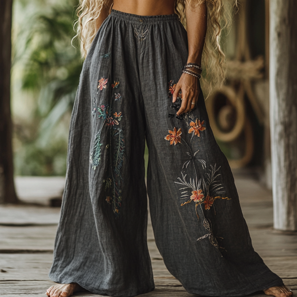 Vintage Bohemian Resort Floral Art Printed Cotton Linen Wide Leg Pants