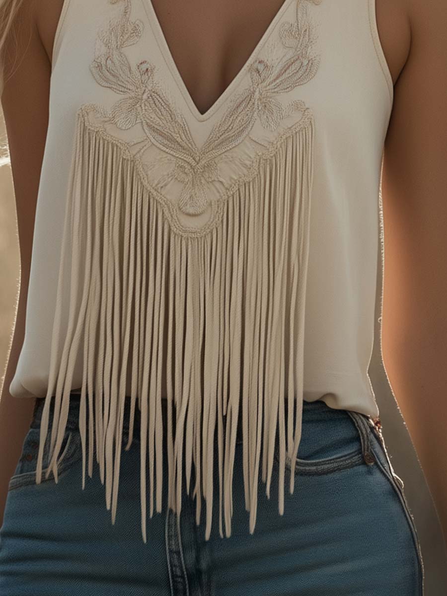 [24-hour shipping out]Exquisite And Fashionable Western Embroidery Tassel Beige V-Neck Vest