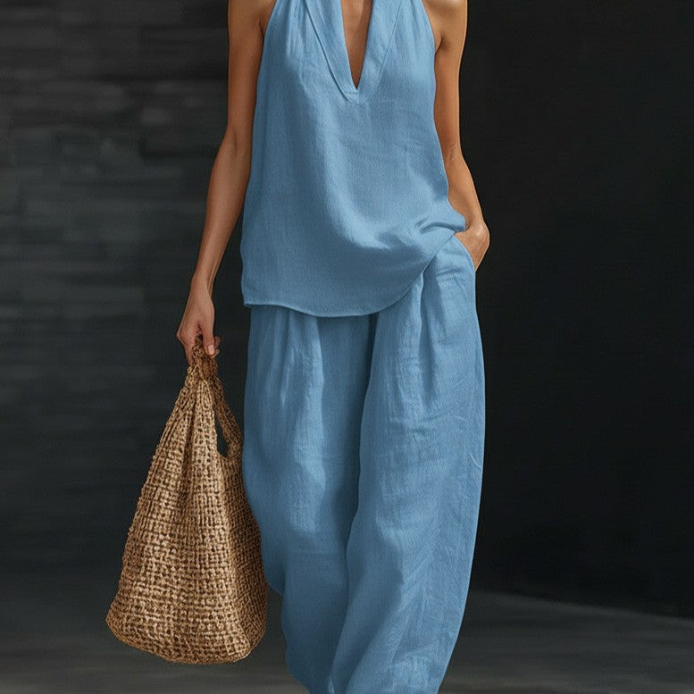 Boho Linen-Look Halter Set - Sleeveless V-Neck Top & Flowy Wide-Leg Pants Two-Piece Suite