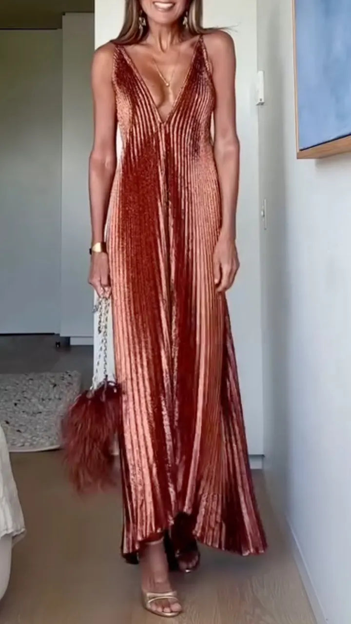 Women's V-Neck Spaghetti Strap Irregular Pleated Maxi Vacation Dress